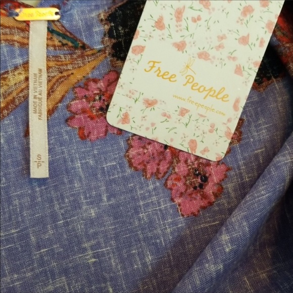 Free People Floral Tie Back Linen Top in Blue S - Picture 7 of 8